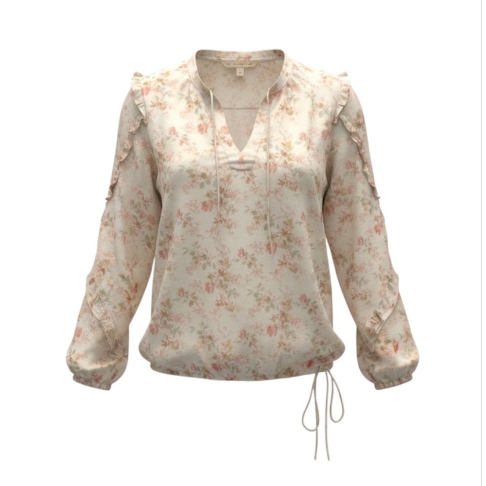 AE77 American Eagle Peasant Blouse Womens XS Cream Pink Organic Cotton Ruffle